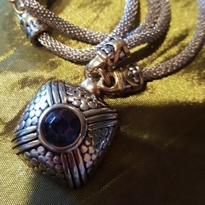SALE: Silver/Gold tn pendant with blu stone